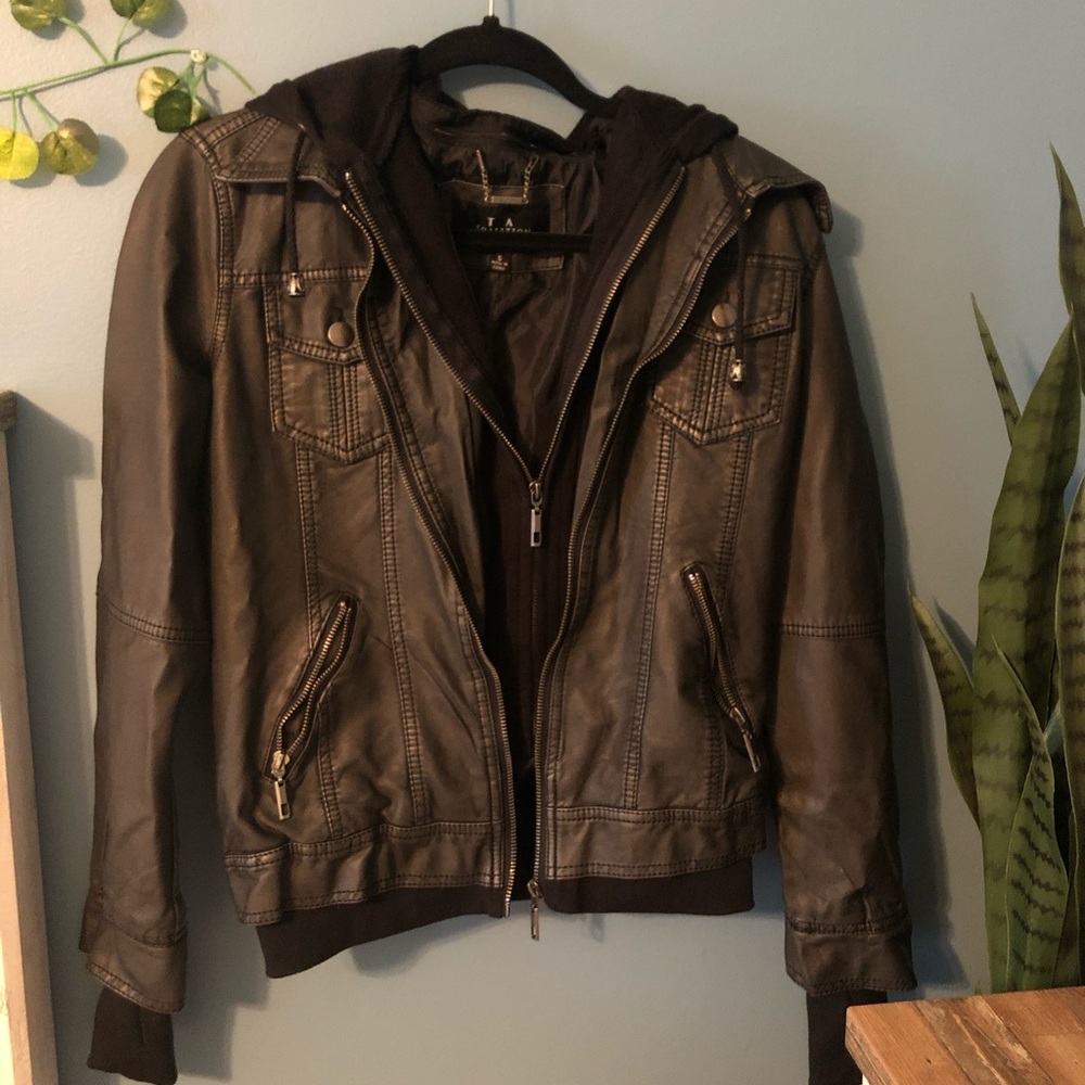 Double Zip Leather Jacket w/hood